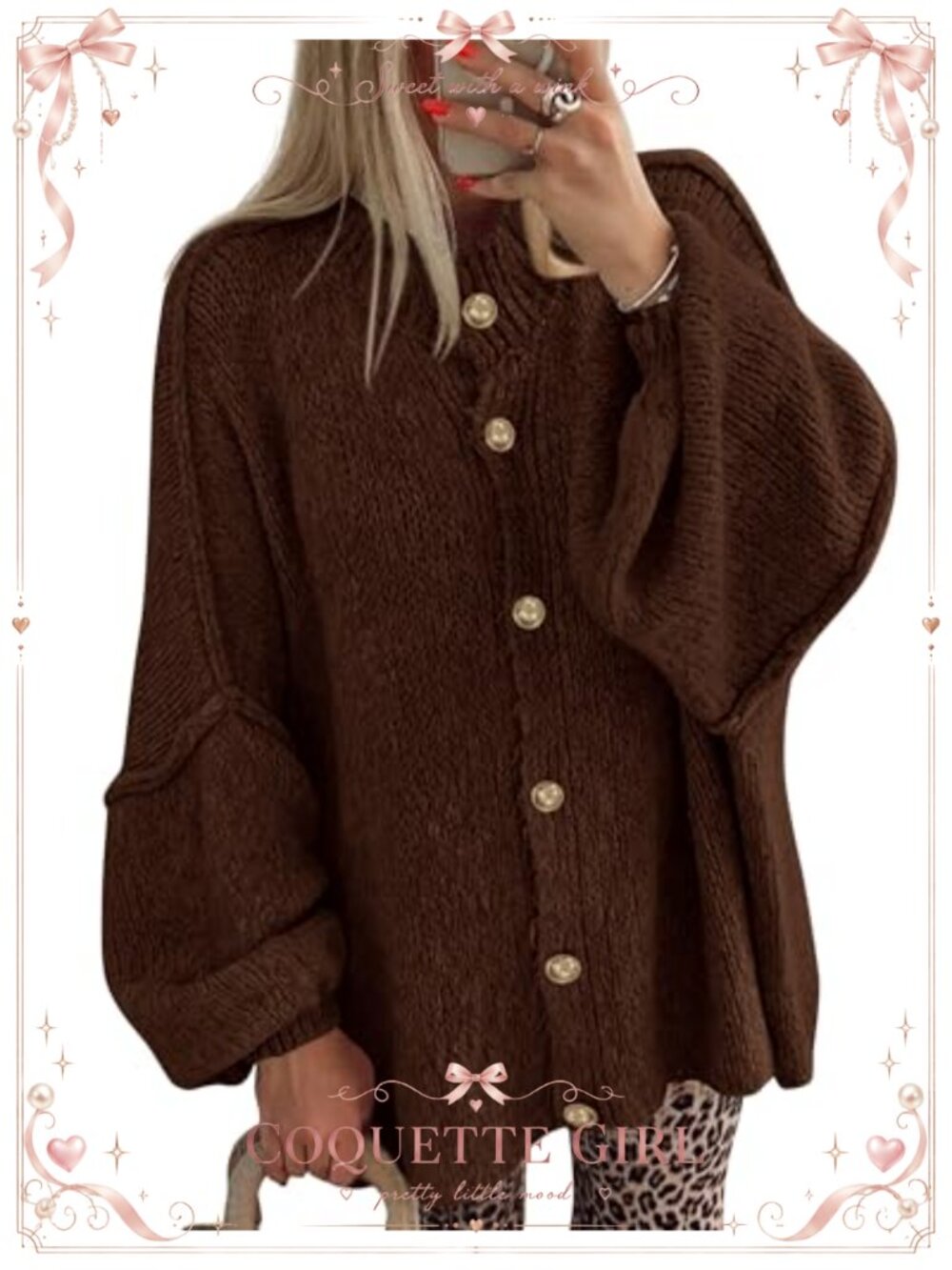 Oversized Lantern Sleeve Button Cardigan Sweater - Cozy Cable Knit